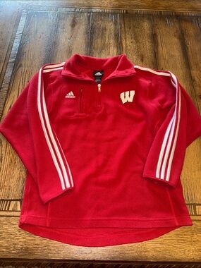 adidas Wisconsin Badgers Red Kids 1/4 Zip Fleece Pullover with White Stripes